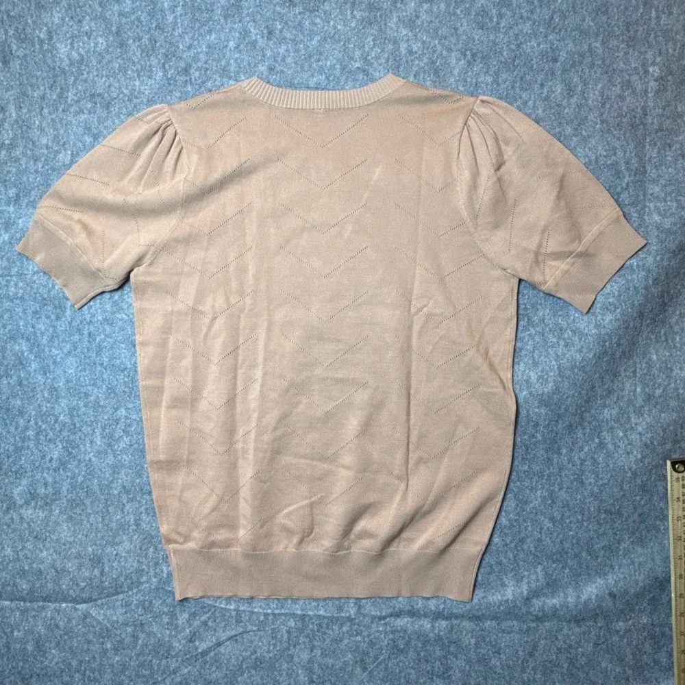 Newshows Pointelle Knit Top Women XL Tan Puff Short Sleeve Chevron Sweater NWT